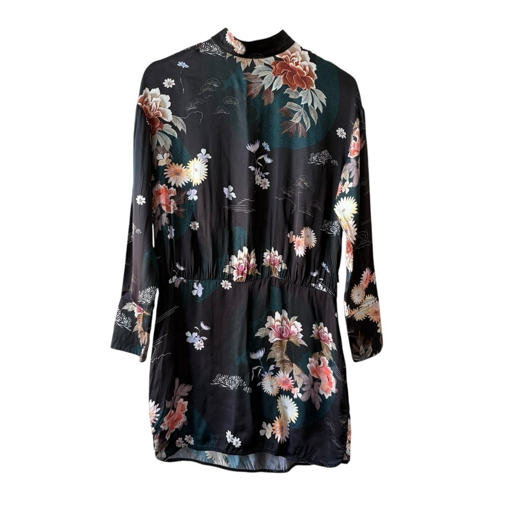 Zara Black Floral Long Sleeve Mini Dress with Multicolor Blossoms